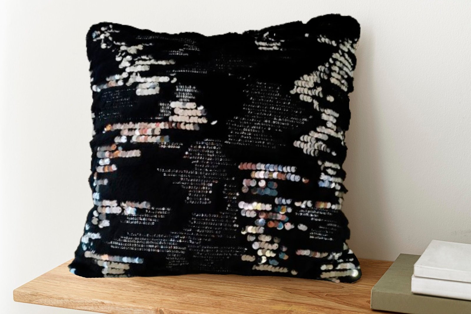 Black Faux Fur Cushion Cover with Silver Sequin Work – 16x16 inch | Glam Decorative Throw Pillow by Kalps Decor - Image 2