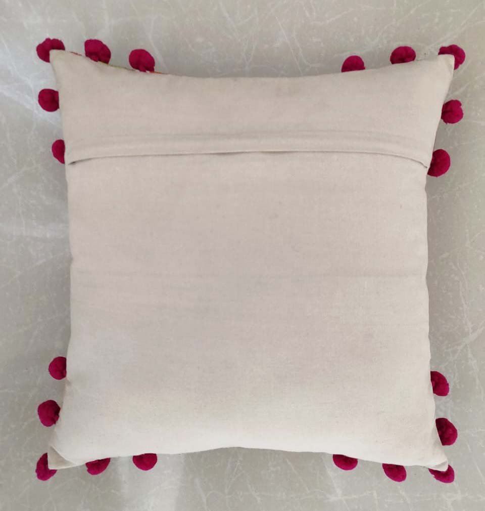 Striped Embroidered Cushion Cover with Pom Pom, 16x16 Inches 1Pc - Image 3