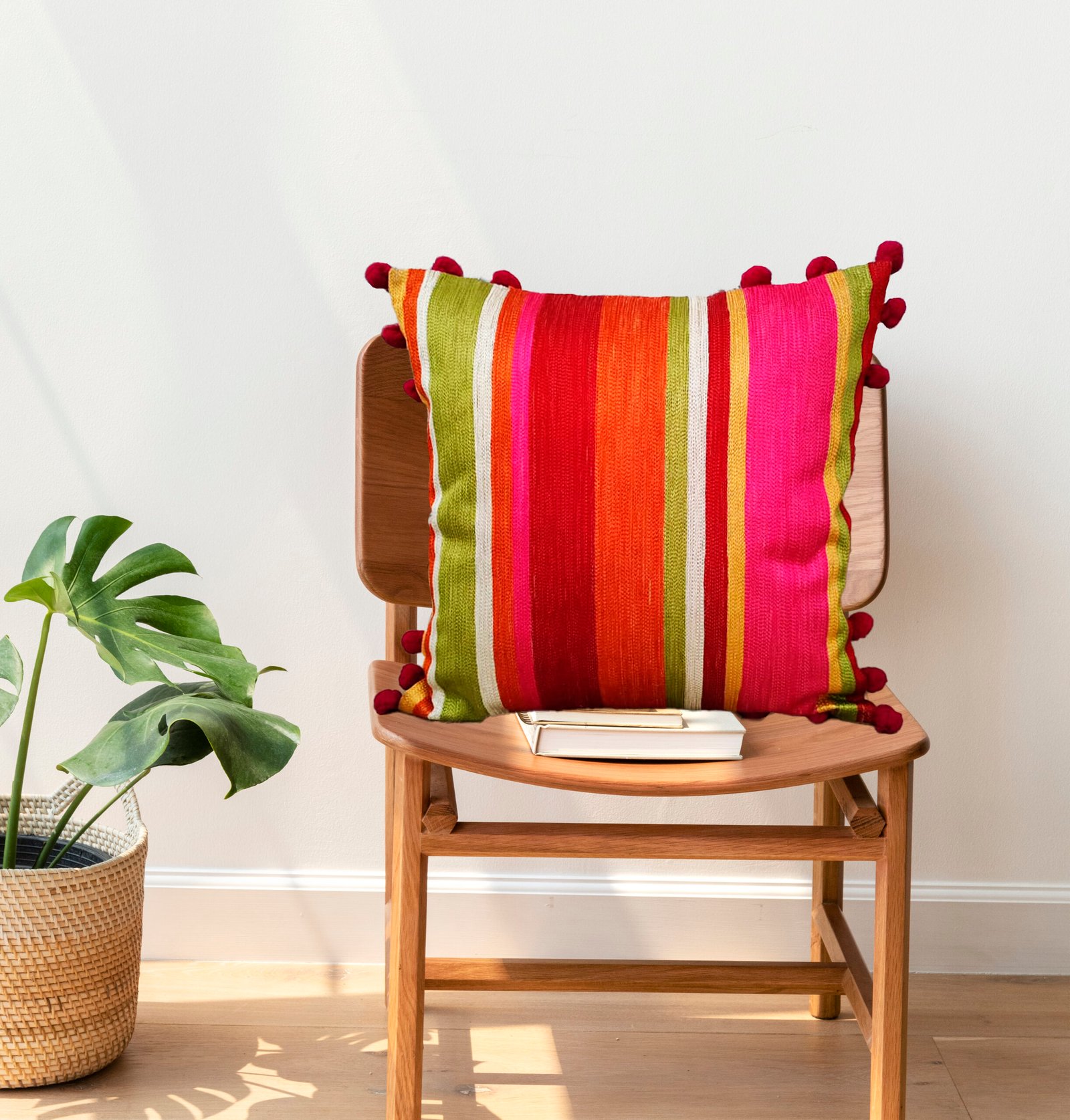 striped embroidered cushion cover 16x16 inch multicolor pom pom