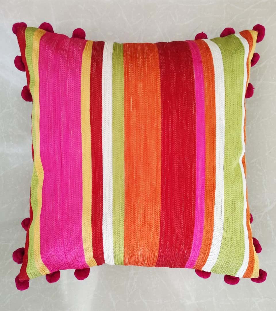 Striped Embroidered Cushion Cover with Pom Pom, 16x16 Inches 1Pc - Image 2