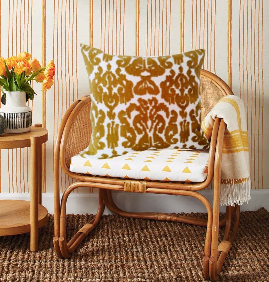 ikat embroidered cushion cover 16x16 inch gold white