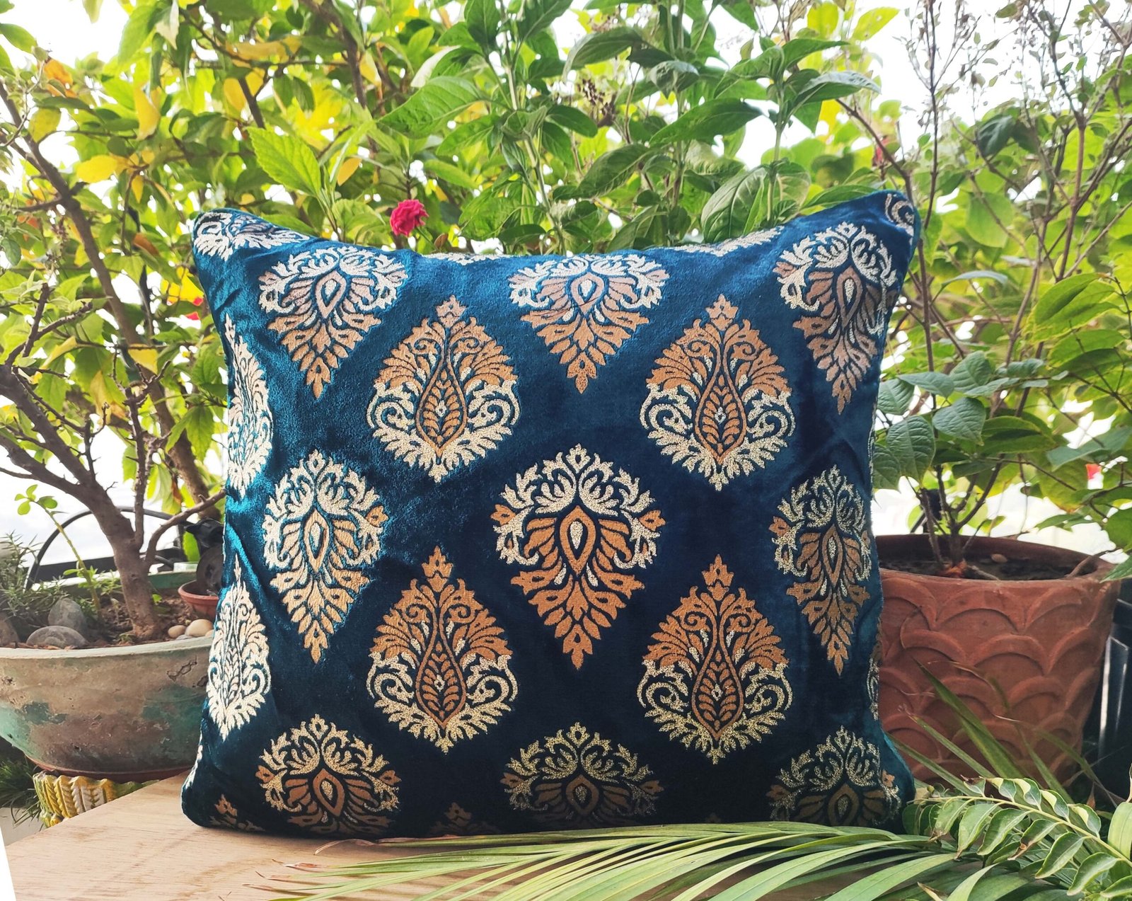 Premium Velvet Damask Cushion Cover – 16x16 inches – Beige & Gold | Luxurious Decorative Throw Pillow Cover for Sofa, Couch, or Bed (Pack of 1)