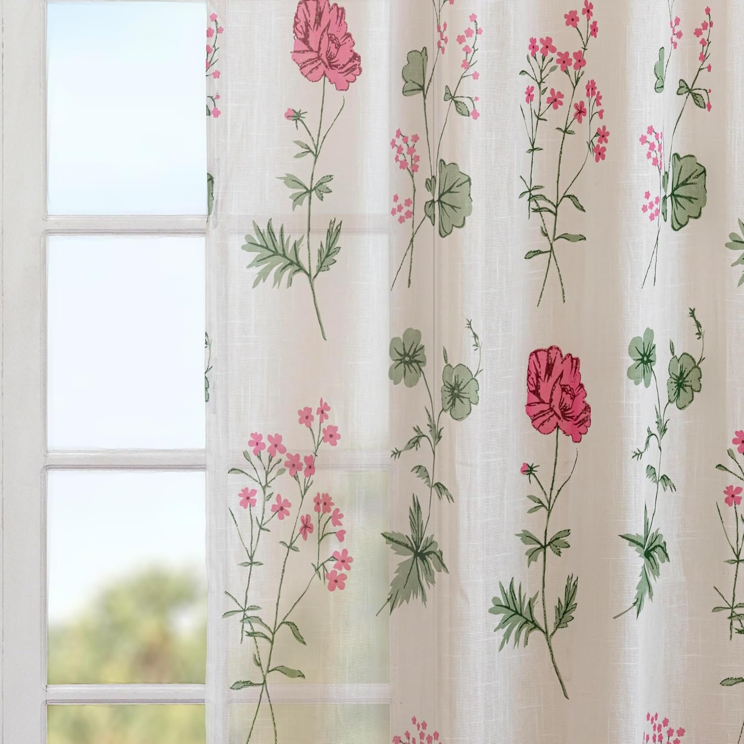 Floral Cotton Sheer Curtains for Door, Linen Textured Curtain Set of 2, Pink Floral Printed 7ft - Image 3