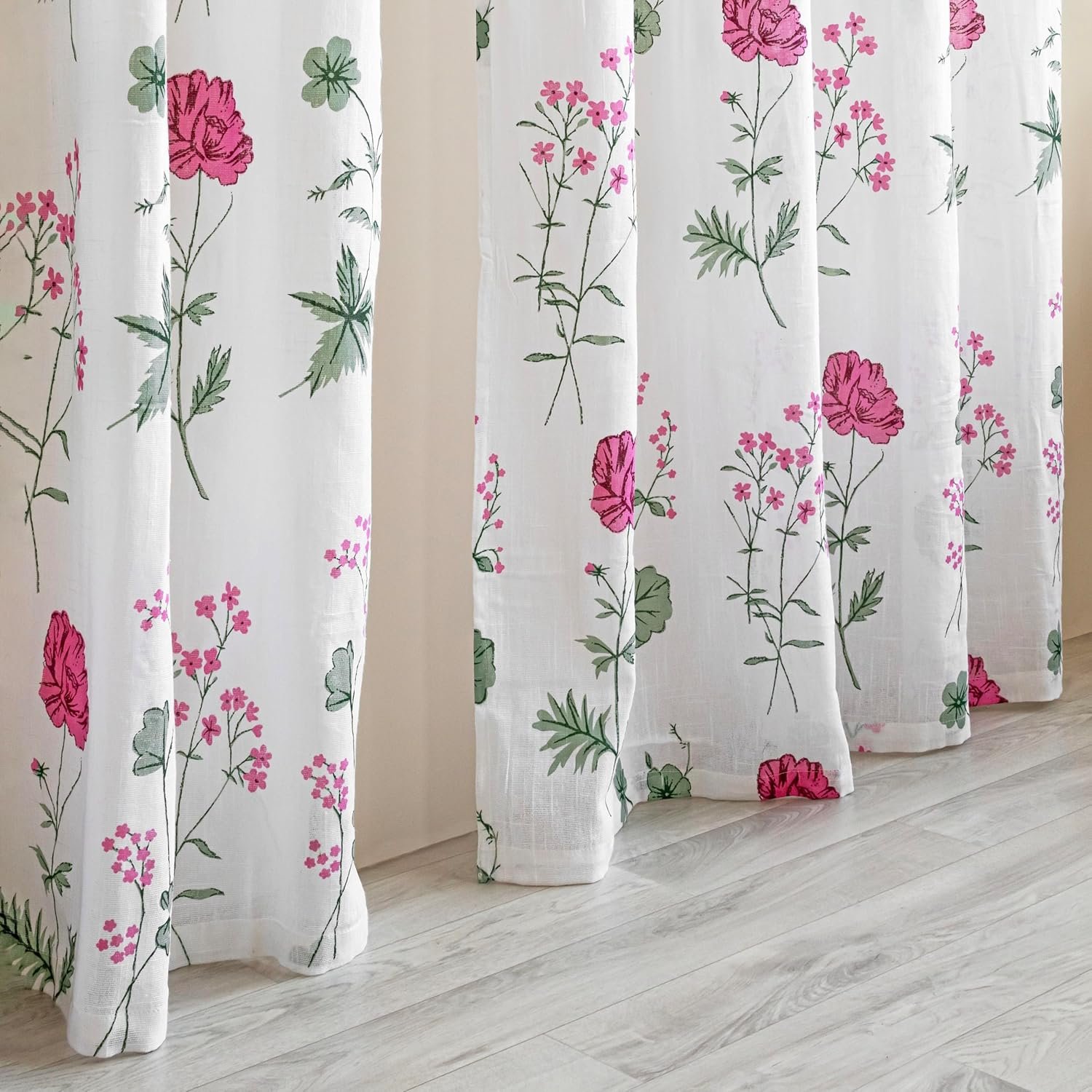 Floral Cotton Sheer Curtains for Door, Linen Textured Curtain Set of 2, Pink Floral Printed 7ft - Image 4