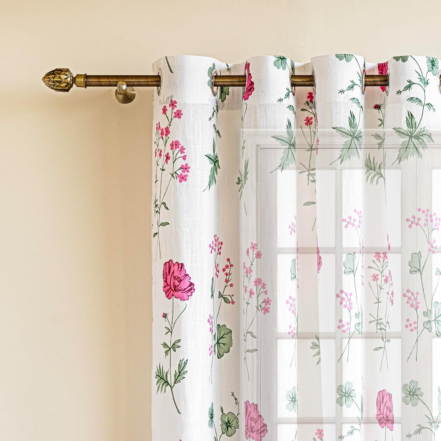 Floral Cotton Sheer Curtains for Door, Linen Textured Curtain Set of 2, Pink Floral Printed 7ft - Image 5