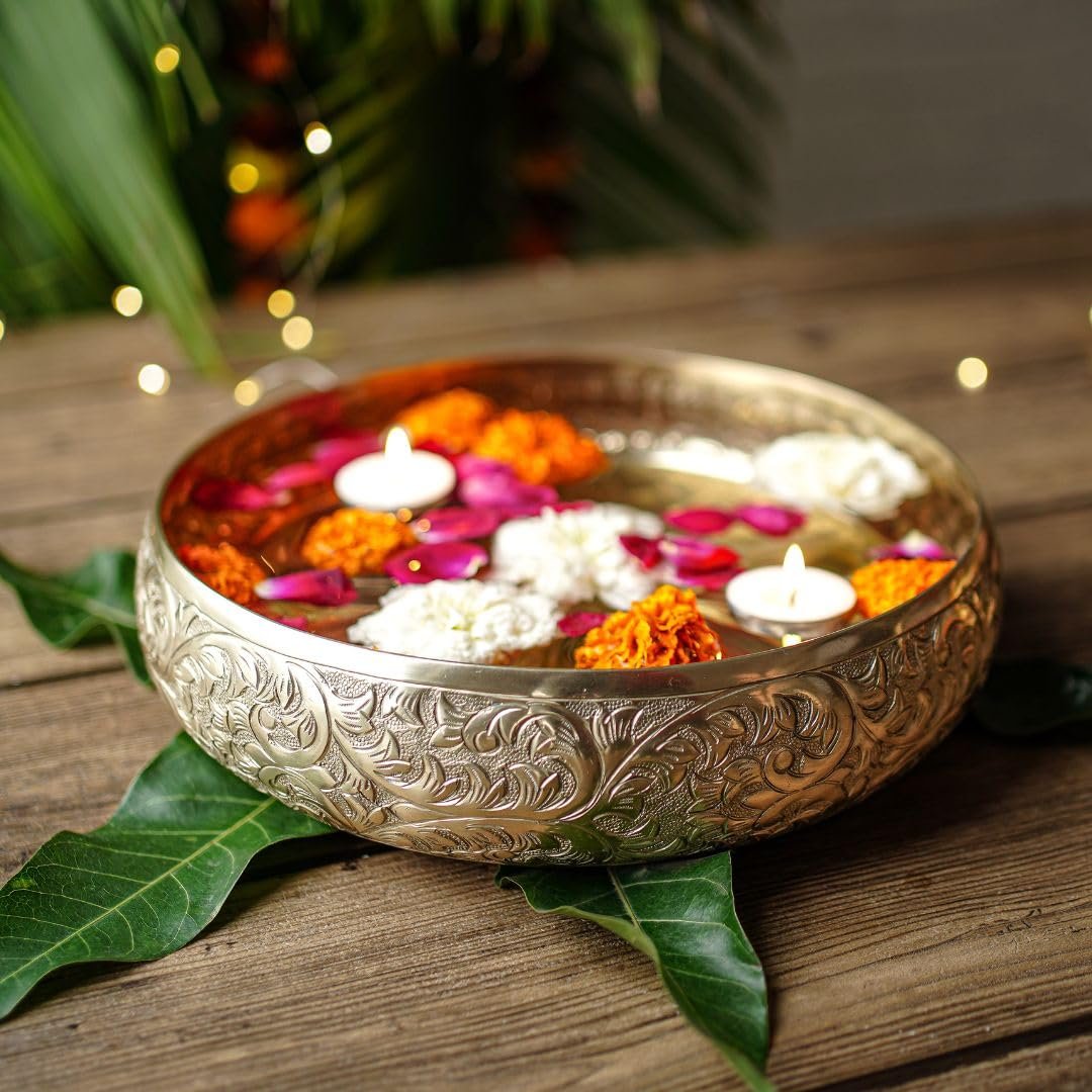 Golden Aluminium Chitai 10 inches Urli Indoor Outdoor Center Table Flower Decorative Bowl for Home Decor - Image 2