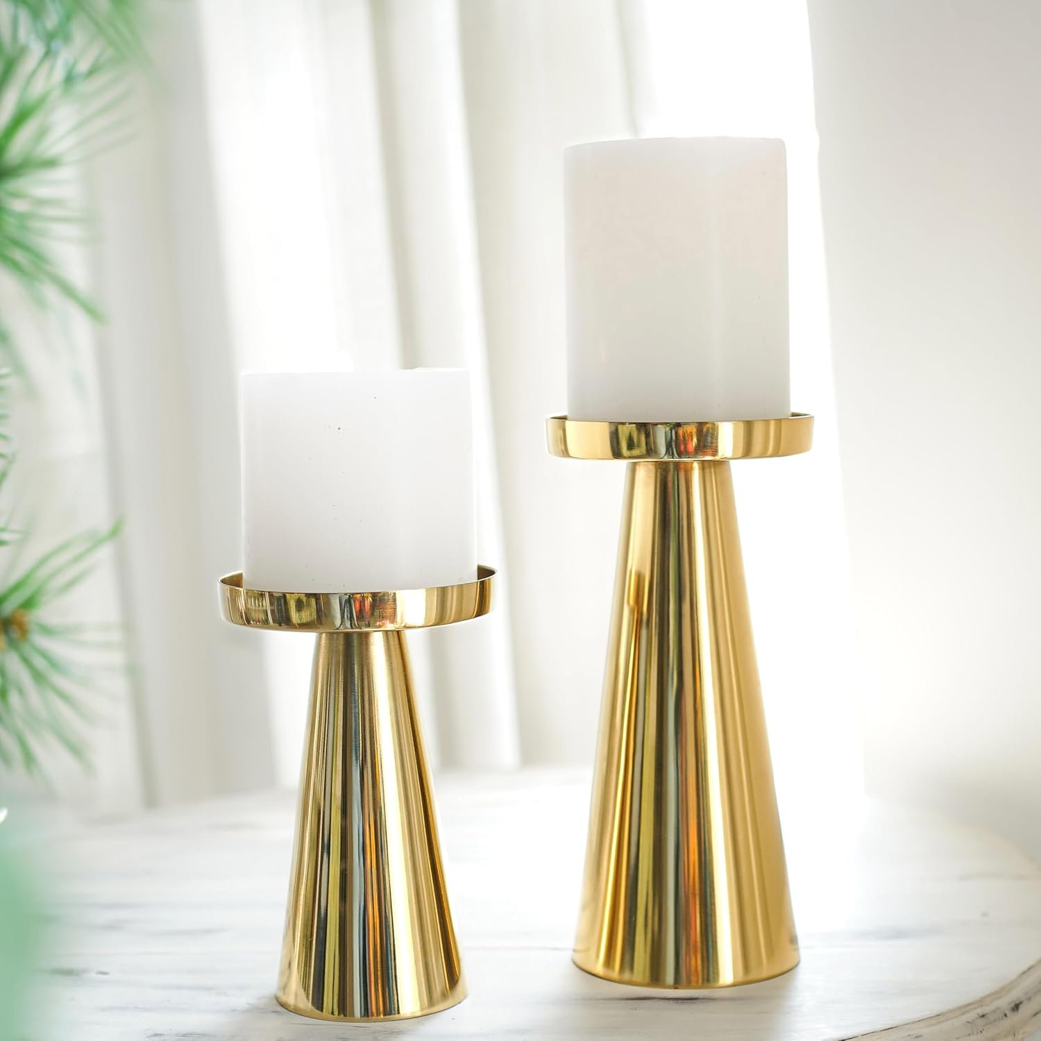 Golden Metal Pillar Candle Holder (Set of 2)