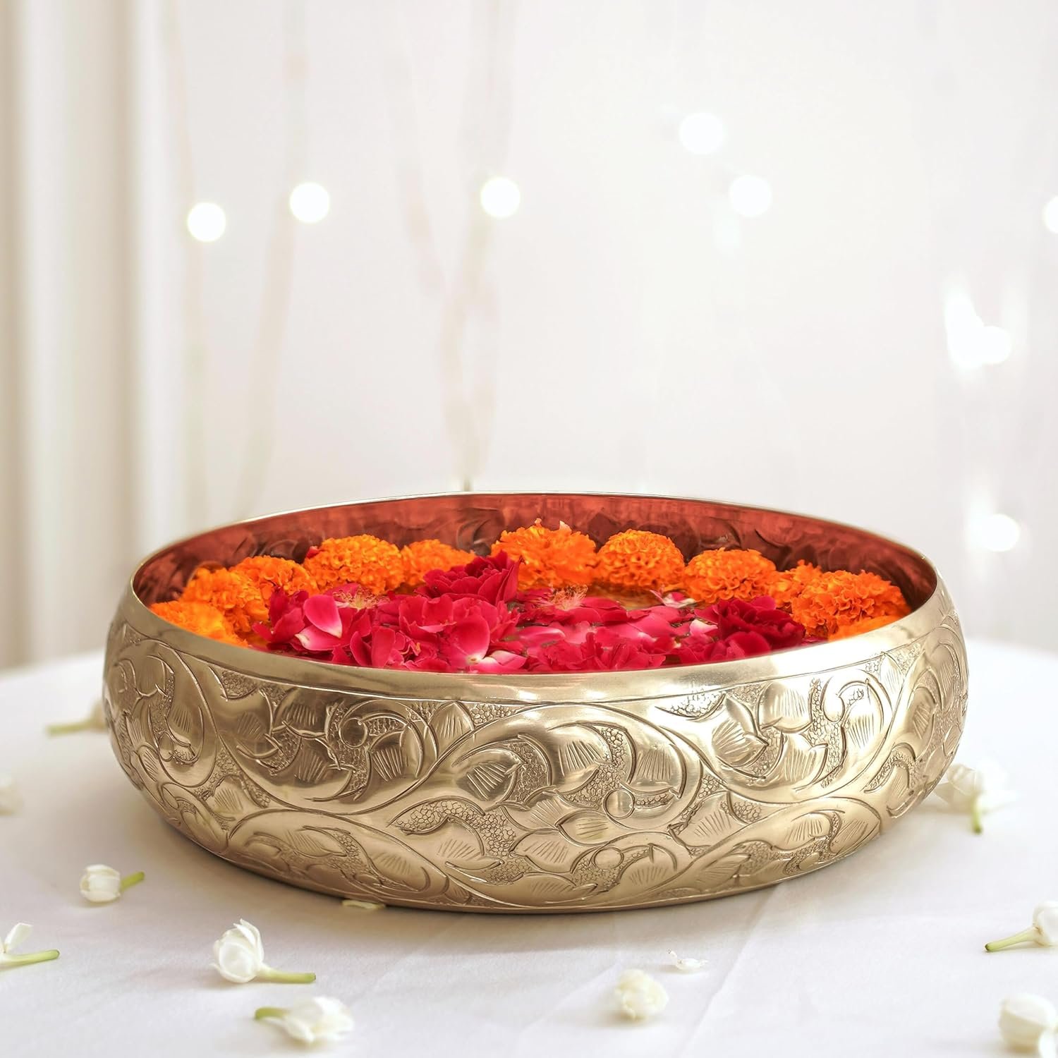 Golden Aluminium Chitai 10 inches Urli Indoor Outdoor Center Table Flower Decorative Bowl for Home Decor