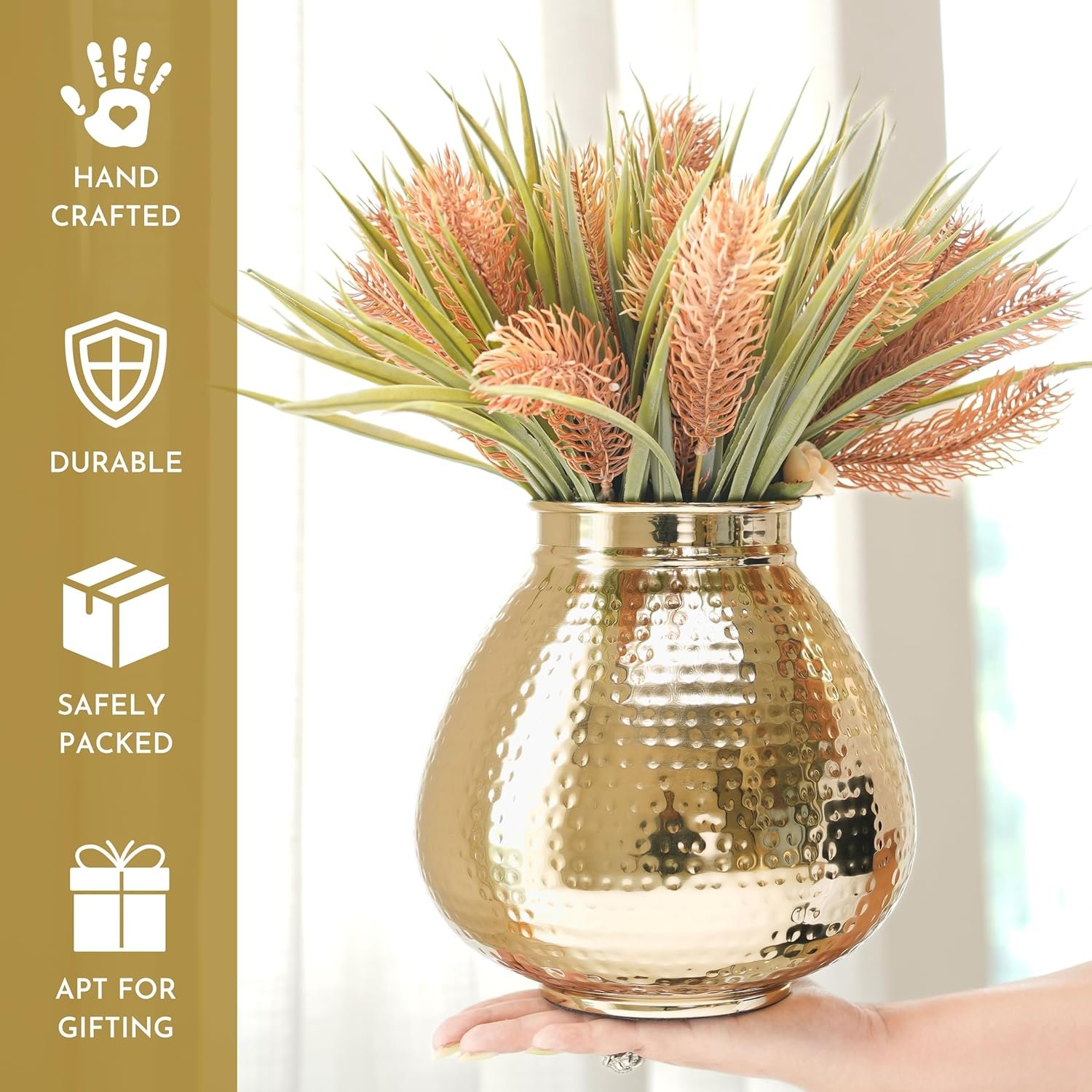 Elegant matki-shaped hammered metal vase, perfect for fresh or artificial flowers. Adds a modern yet traditional charm to your home, office, or gifting décor. - Image 3