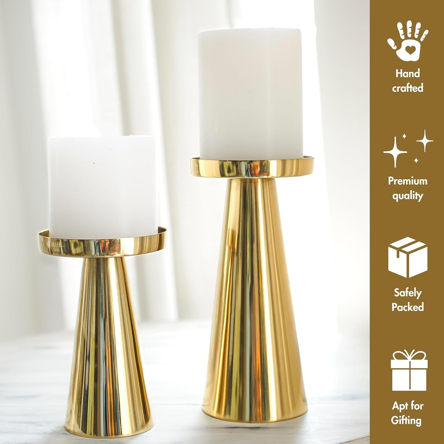 Golden Metal Pillar Candle Holder (Set of 2) - Image 3
