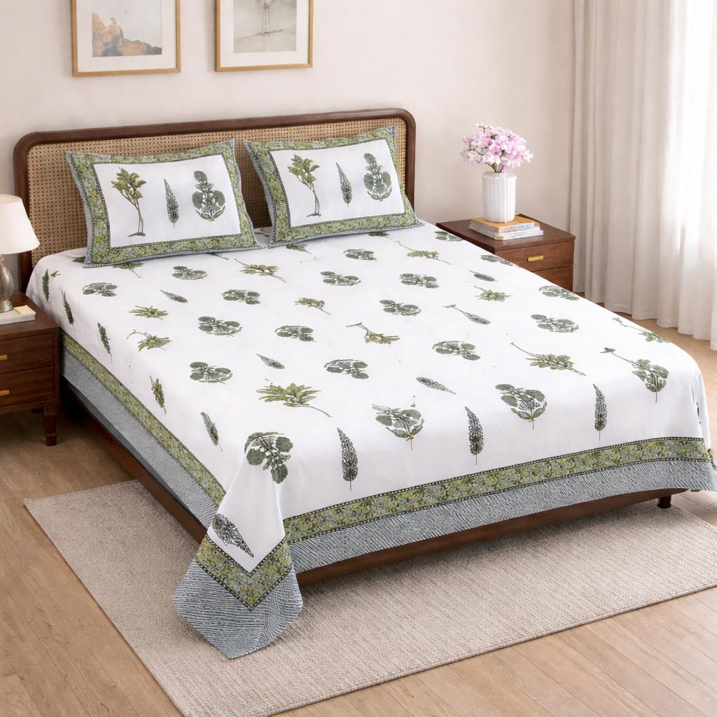 Premium White Botanical Pure Cotton Double Bedsheet Set