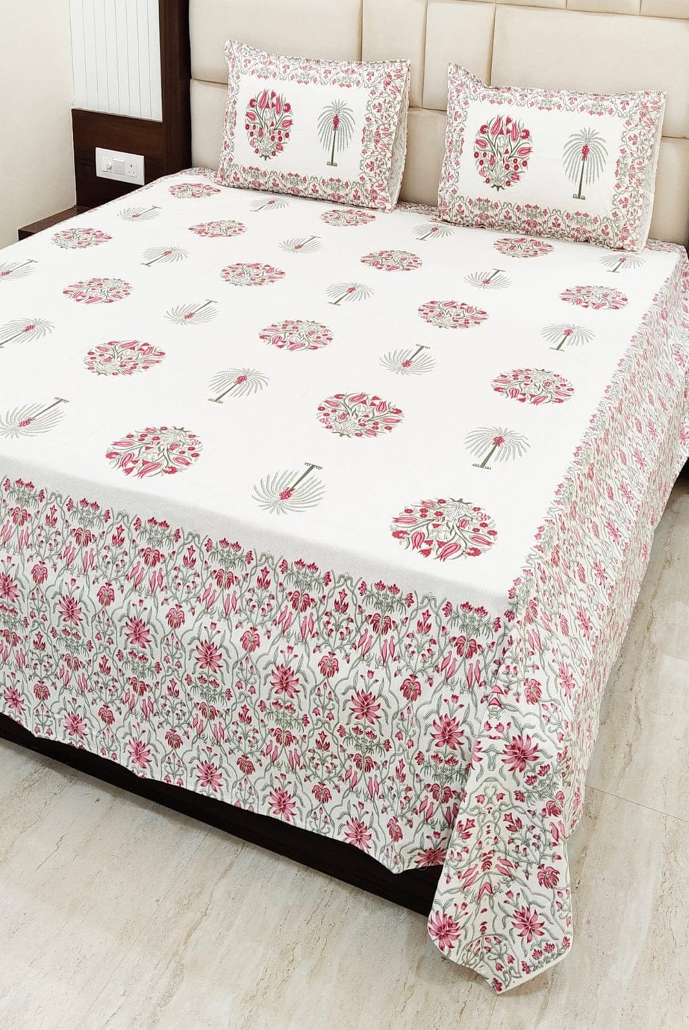 Premium White Floral Cotton Double Bedsheet Set King Size