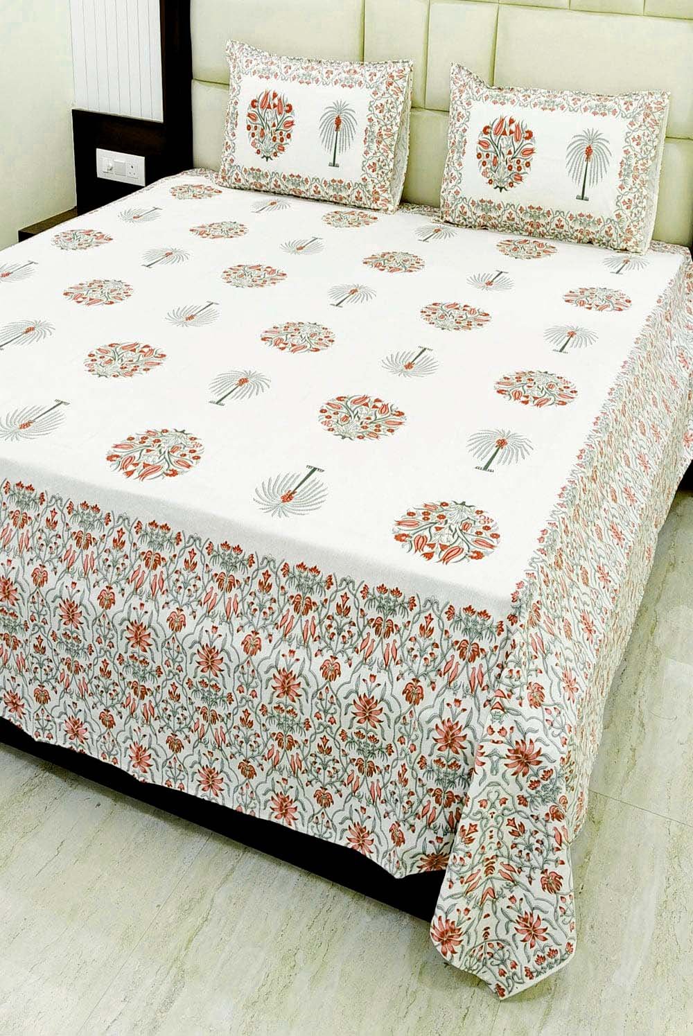 Premium White Floral Cotton Double Bedsheet Set King Size
