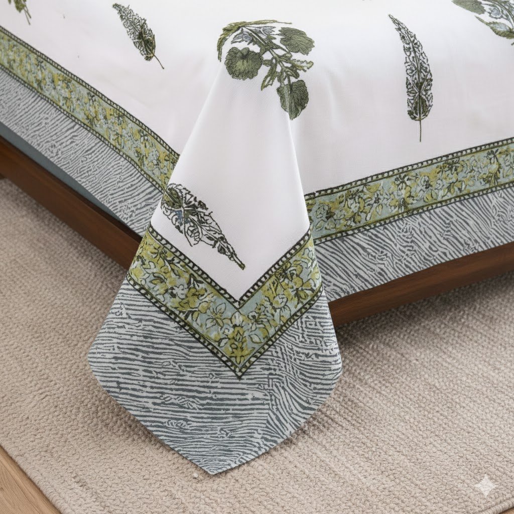 Premium White Botanical Pure Cotton Double Bedsheet Set - Image 2