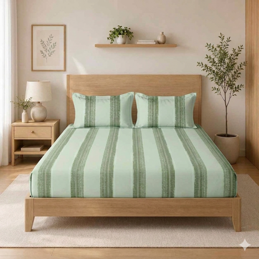 King Size Panel Sage green - Olive Green Combination Print Pure Cotton Premium Bedsheet – 300 TC | 108 x 108 Inches I with 2 Pillow Covers