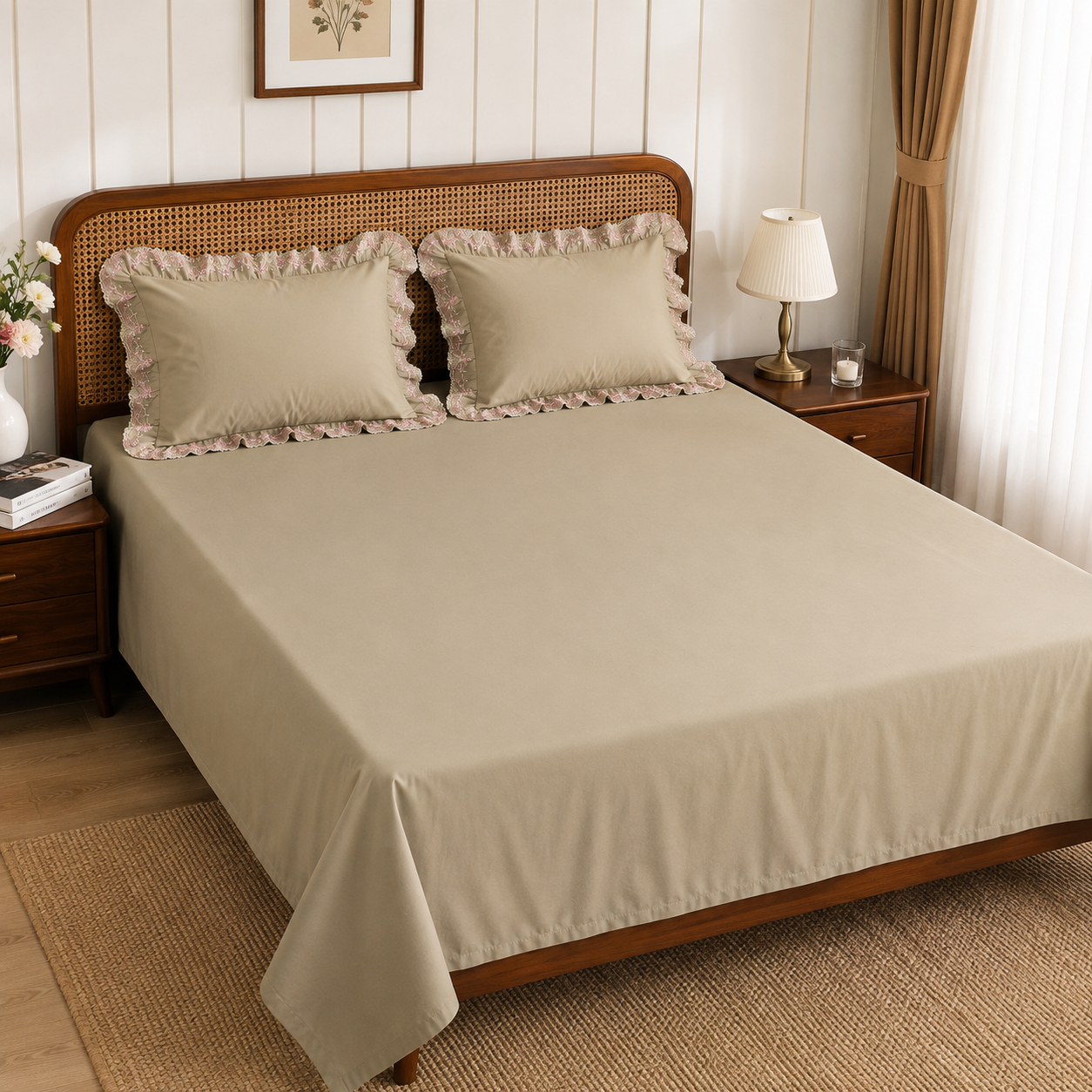 Premium Beige Cotton King Size Bedsheet with 2 Embroidered Ruffle Pillow Covers