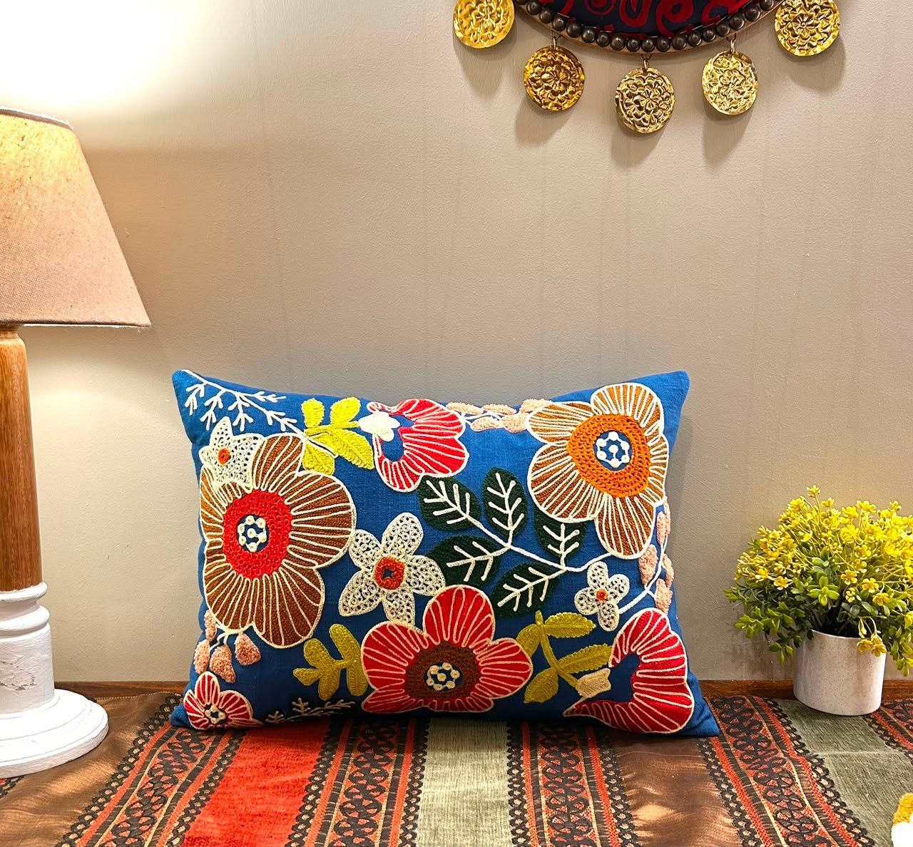 Multicolour Floral Embroidered Cushion Cover Size 12x18 inch