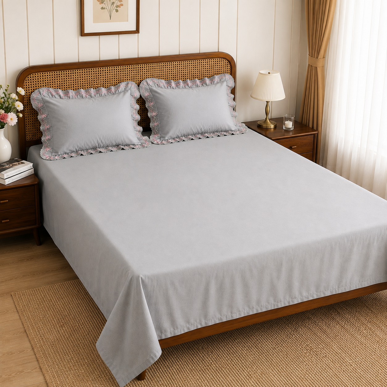 Premium Light Grey Cotton King Size Bedsheet with 2 Embroidered Ruffle Pillow Covers