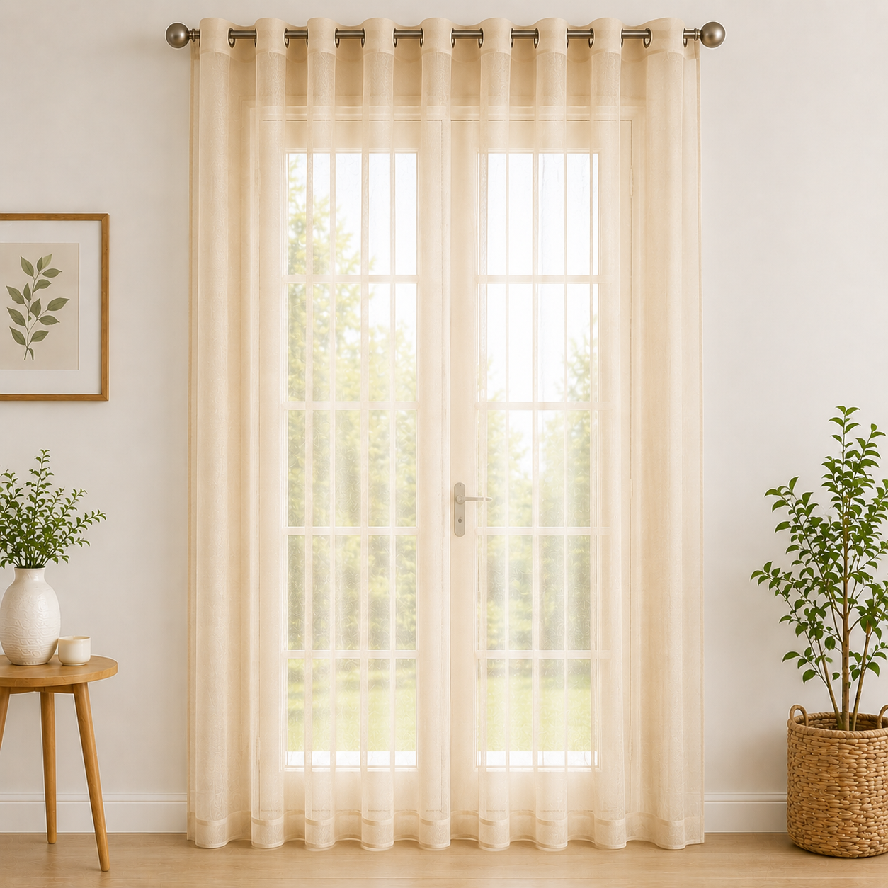 KALPS DECOR Beige Sheer Organza Curtain | Elegant Transparent Window & Door Curtain Pack of 2 Size 7 Feet