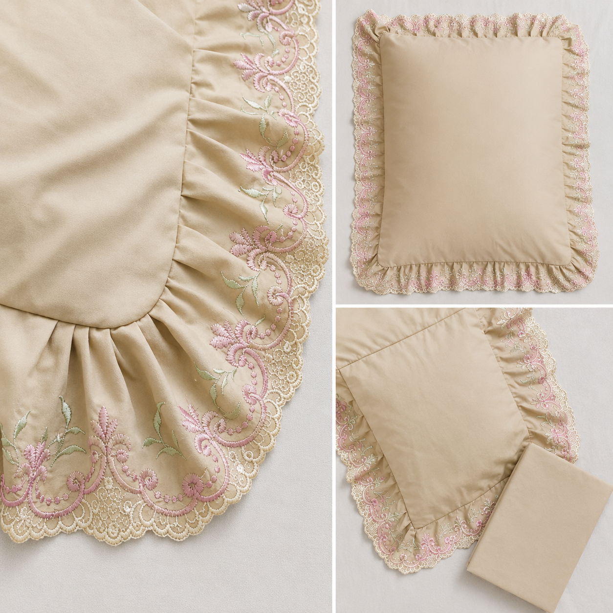Premium Beige Cotton King Size Bedsheet with 2 Embroidered Ruffle Pillow Covers - Image 3