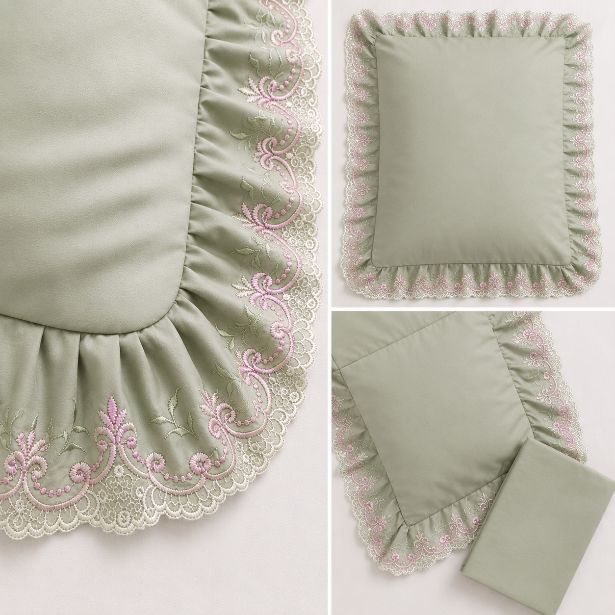 Premium Sage Green, Cotton King Size Bedsheet with 2 Embroidered Ruffle Pillow Covers - Image 3