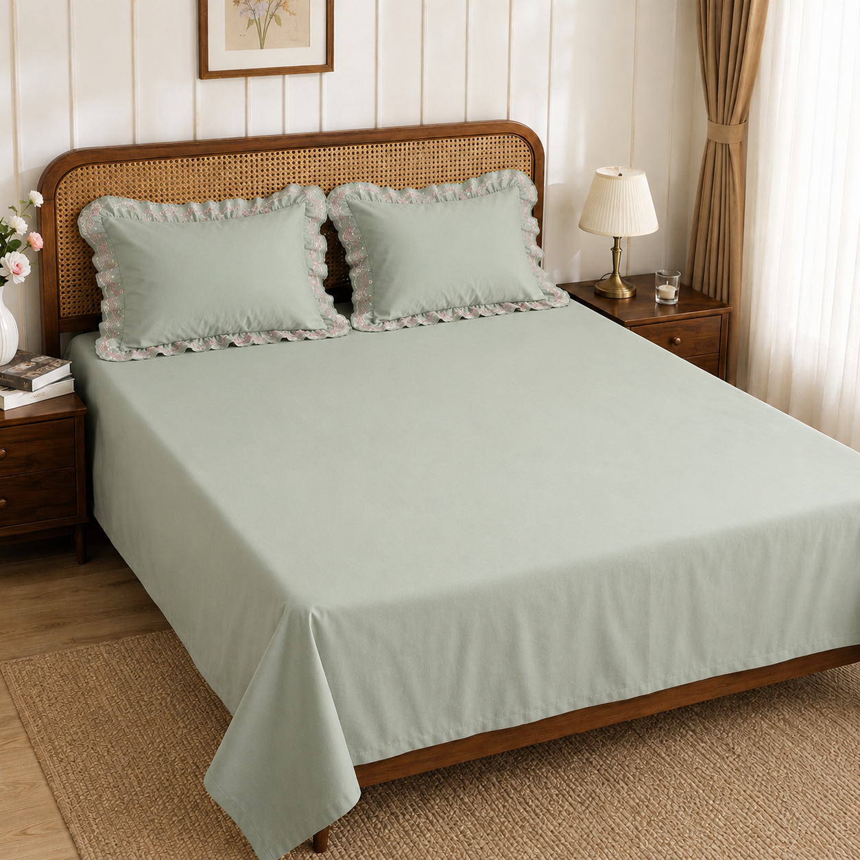 Premium Sage Green, Cotton King Size Bedsheet with 2 Embroidered Ruffle Pillow Covers