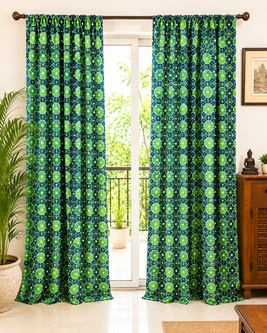 KALPS DECOR Green Mirror Work Cotton Curtain for Door & Window, Semi Sheer Printed Curtain, Pack of 2, 7 Feet