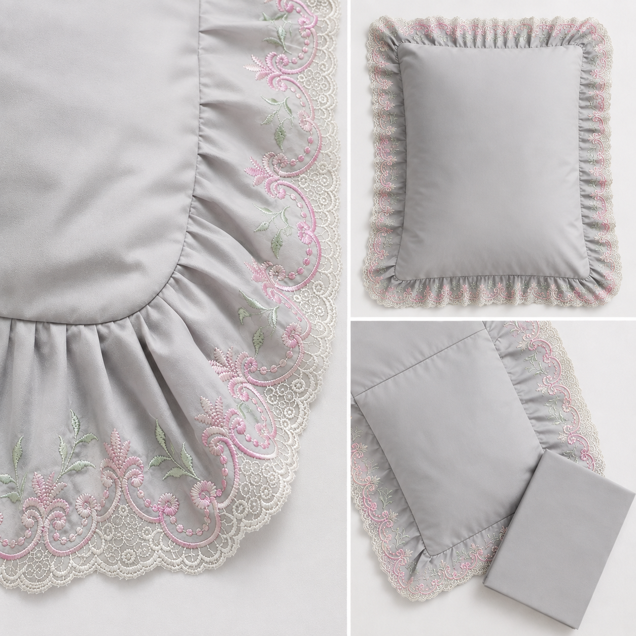 Premium Light Grey Cotton King Size Bedsheet with 2 Embroidered Ruffle Pillow Covers - Image 3