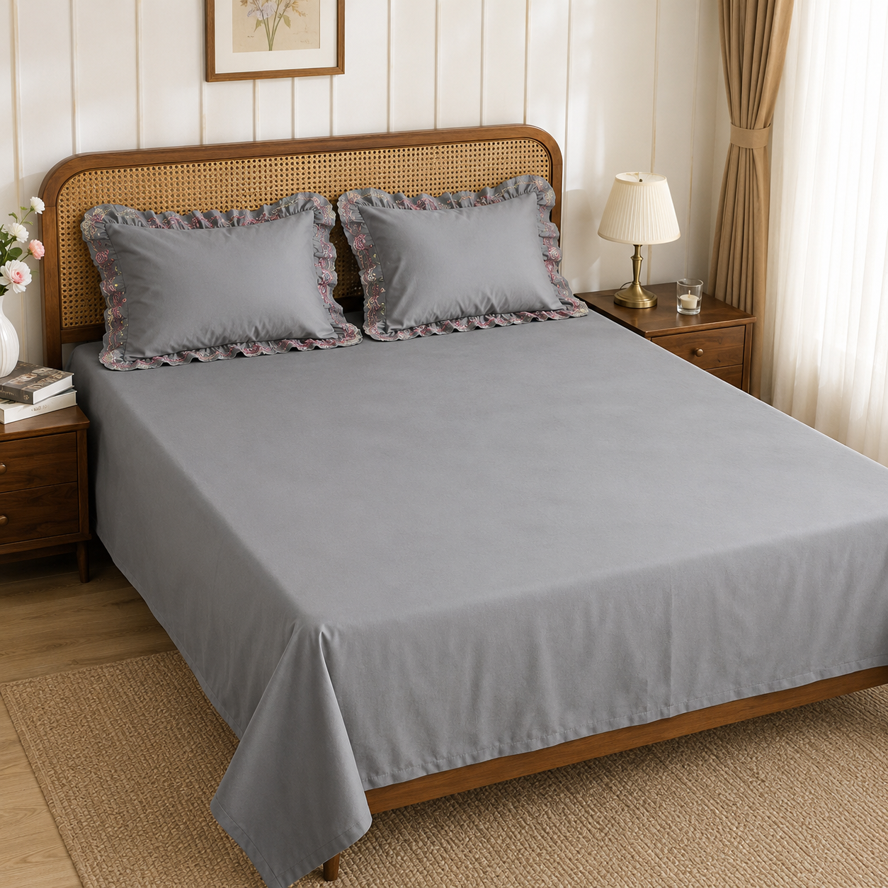 Premium Grey Cotton King Size Bedsheet with 2 Embroidered Ruffle Pillow Covers