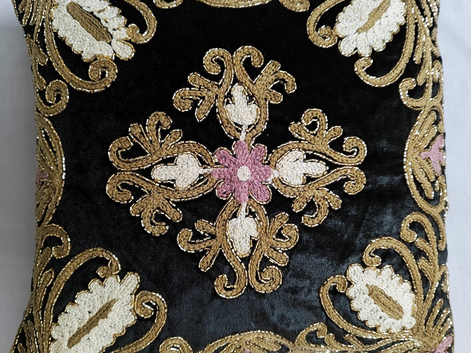 KALPS DECOR Black Velvet Cushion Cover 16 x 16 Inch | Golden Embroidered Decorative Cushion Cover with Cream & Pink Floral Design | Luxury Sofa, Bed & Chair Home Decor | Pack of 1 - Image 3