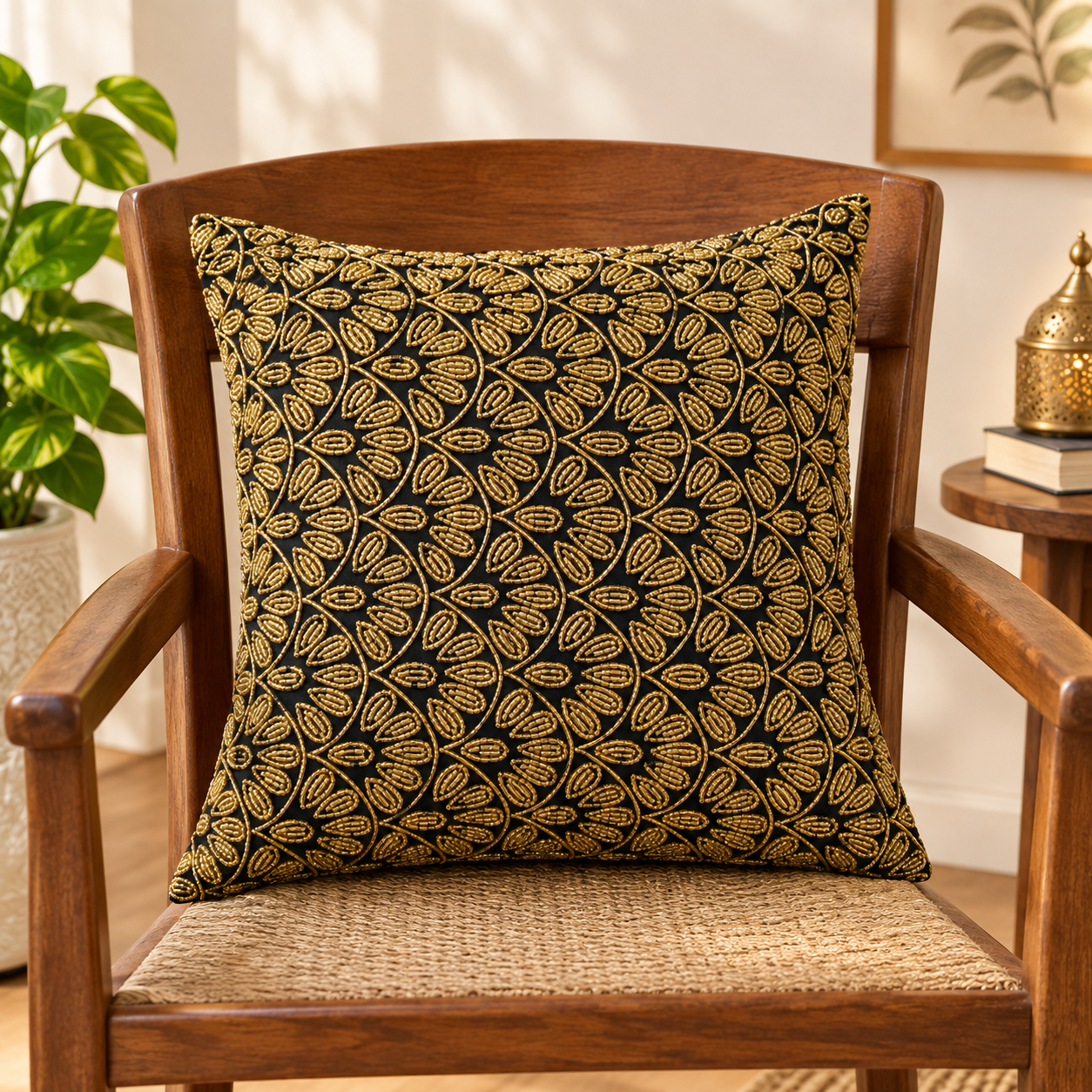 KALPS DECOR Black Velvet Cushion Cover 16 x 16 Inch | Luxury Golden Bead Work Embroidered Decorative Cushion Cover | Elegant Sofa, Bed & Living Room Home Decor | Pack of 1