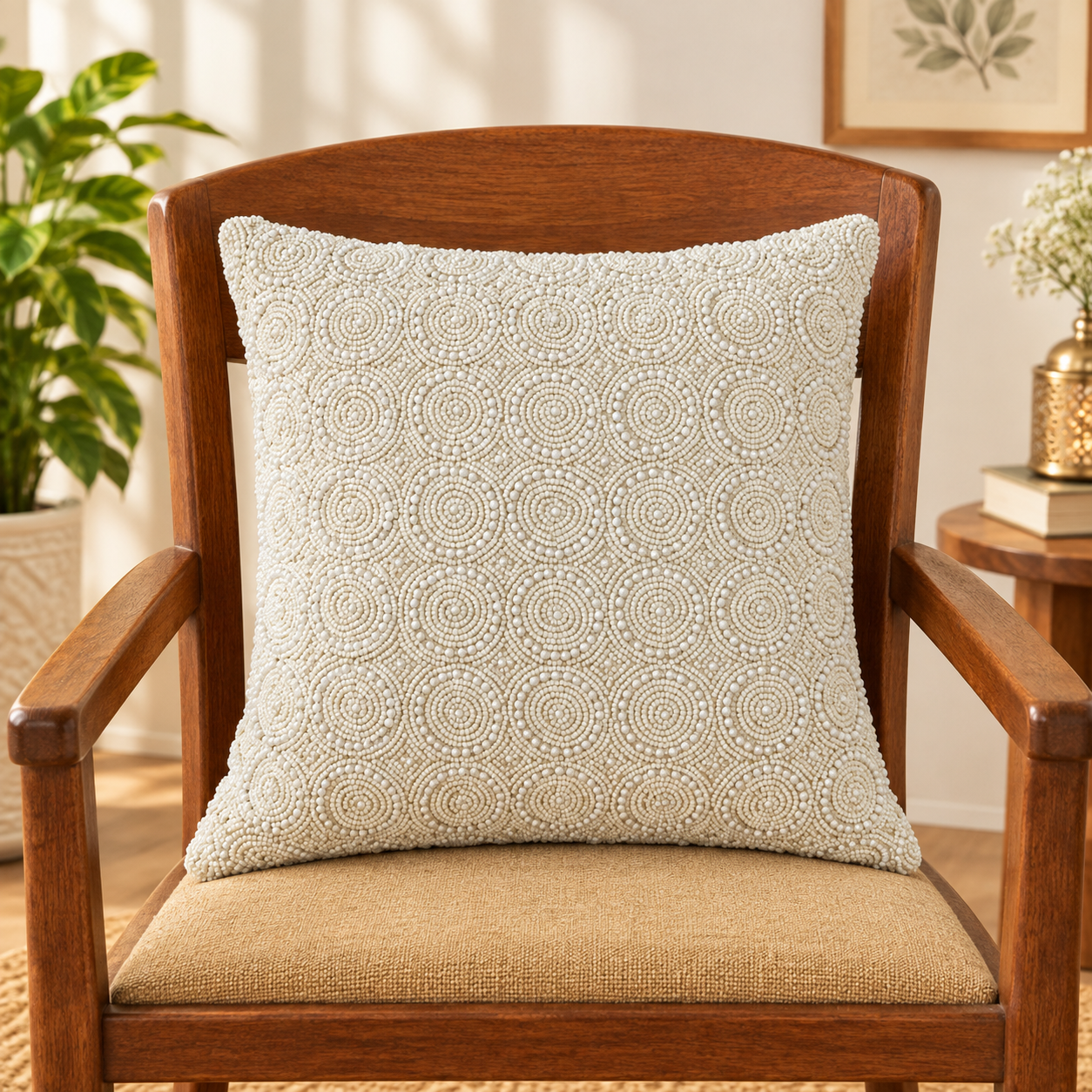 KALPS DECOR White Handcrafted Beaded Cushion Cover 16 x 16 Inch | Elegant Textured Decorative Pillow Cover for Sofa, Bed & Chair | Pack of 1