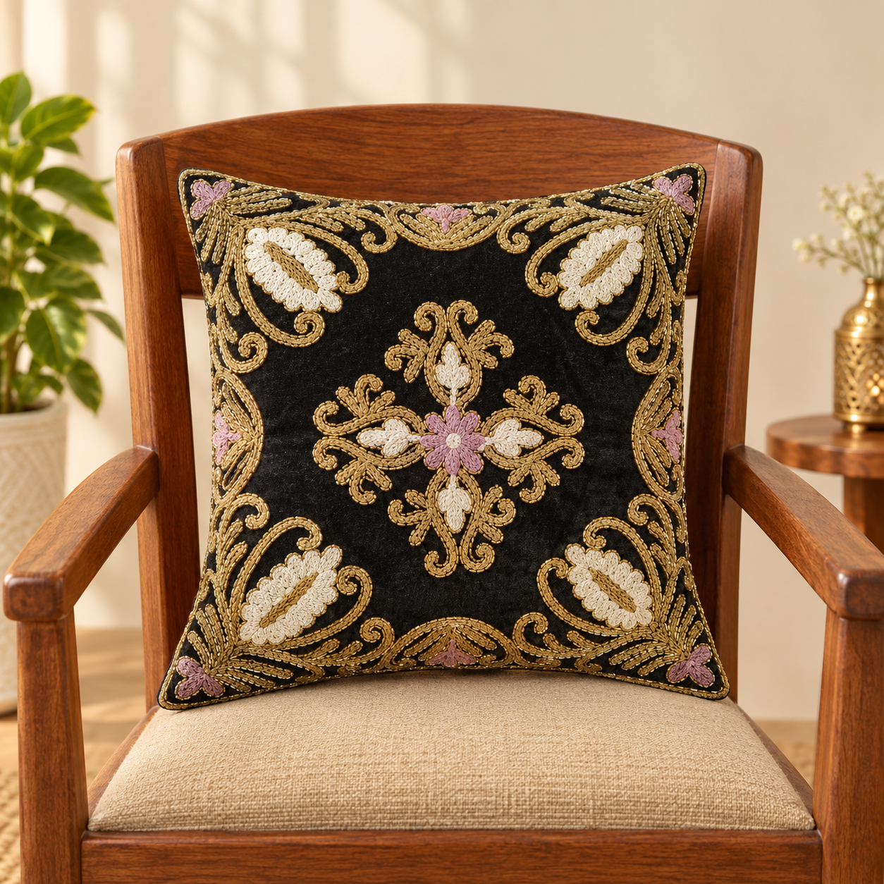 KALPS DECOR Black Velvet Cushion Cover 16 x 16 Inch | Golden Embroidered Decorative Cushion Cover with Cream & Pink Floral Design | Luxury Sofa, Bed & Chair Home Decor | Pack of 1