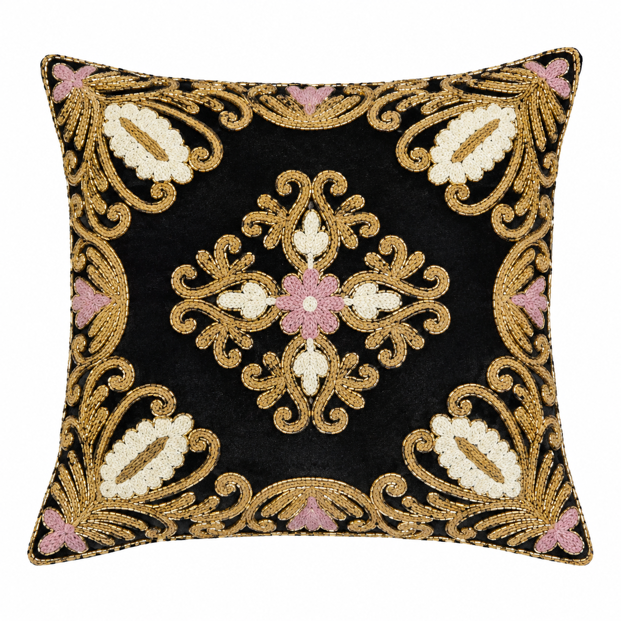 KALPS DECOR Black Velvet Cushion Cover 16 x 16 Inch | Golden Embroidered Decorative Cushion Cover with Cream & Pink Floral Design | Luxury Sofa, Bed & Chair Home Decor | Pack of 1 - Image 2