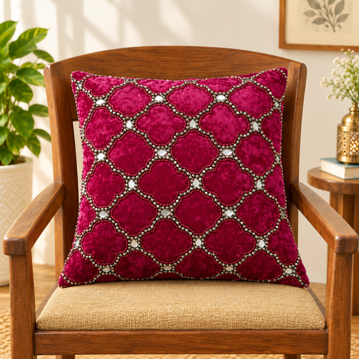 Wine Velvet Cushion Cover with Hand Work, 16 x 16 Inch | Kalps Decor