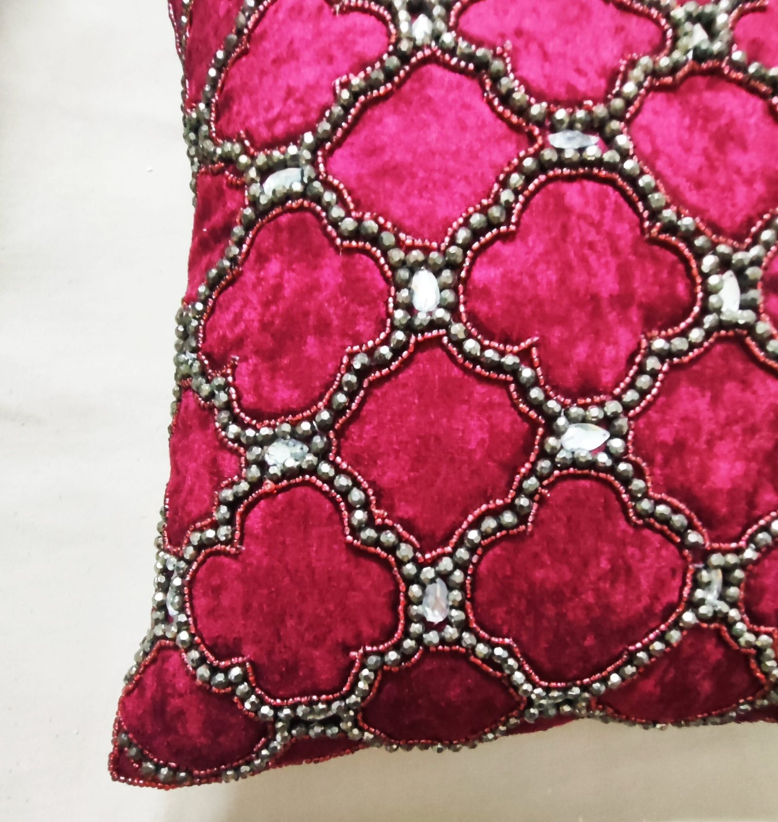 Wine Velvet Cushion Cover with Hand Work, 16 x 16 Inch | Kalps Decor - Image 3